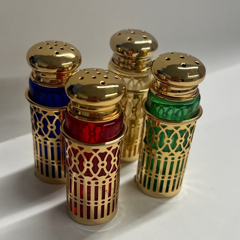 Neiman Marcus Set of 4 Multi Color Glass 24K Gold Plated Salt Pepper Shakers